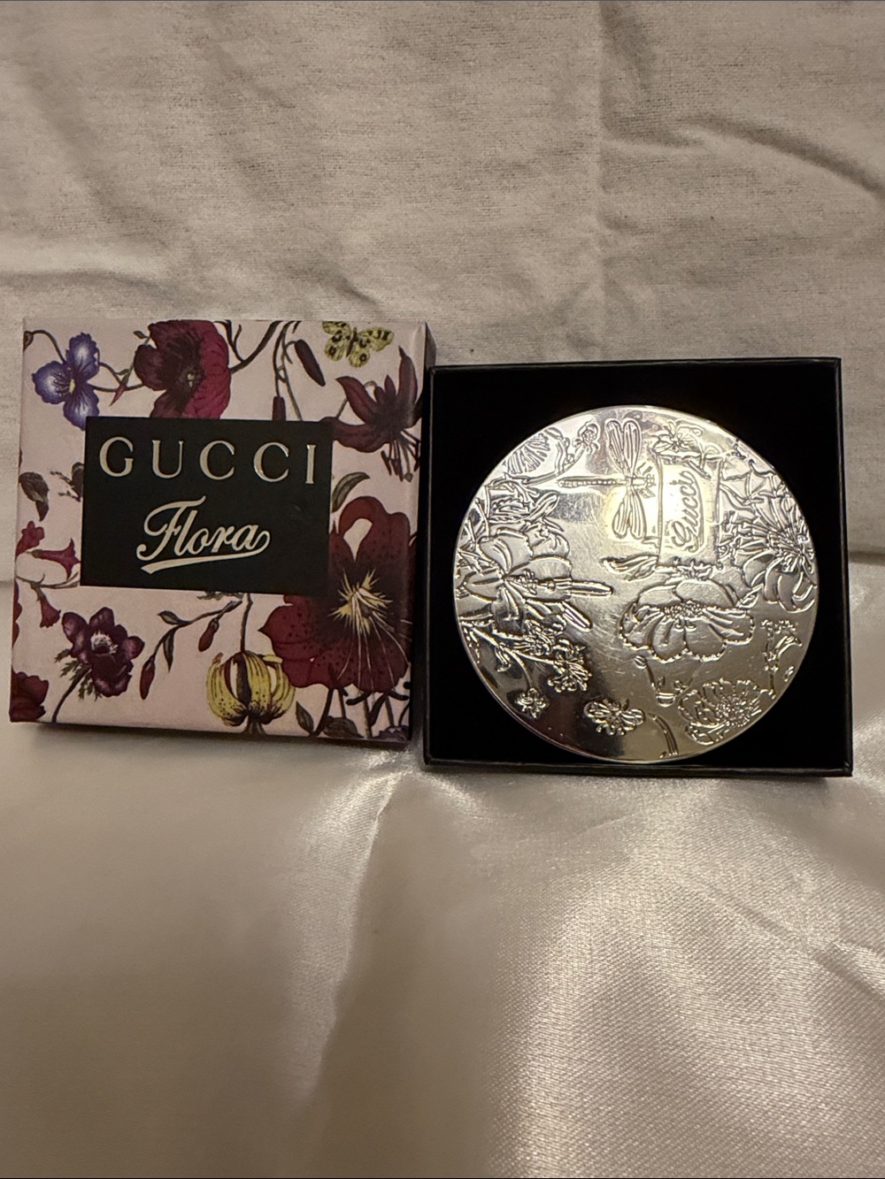 Gucci Silver Flora Embossed Compact Mirror with Floral Box